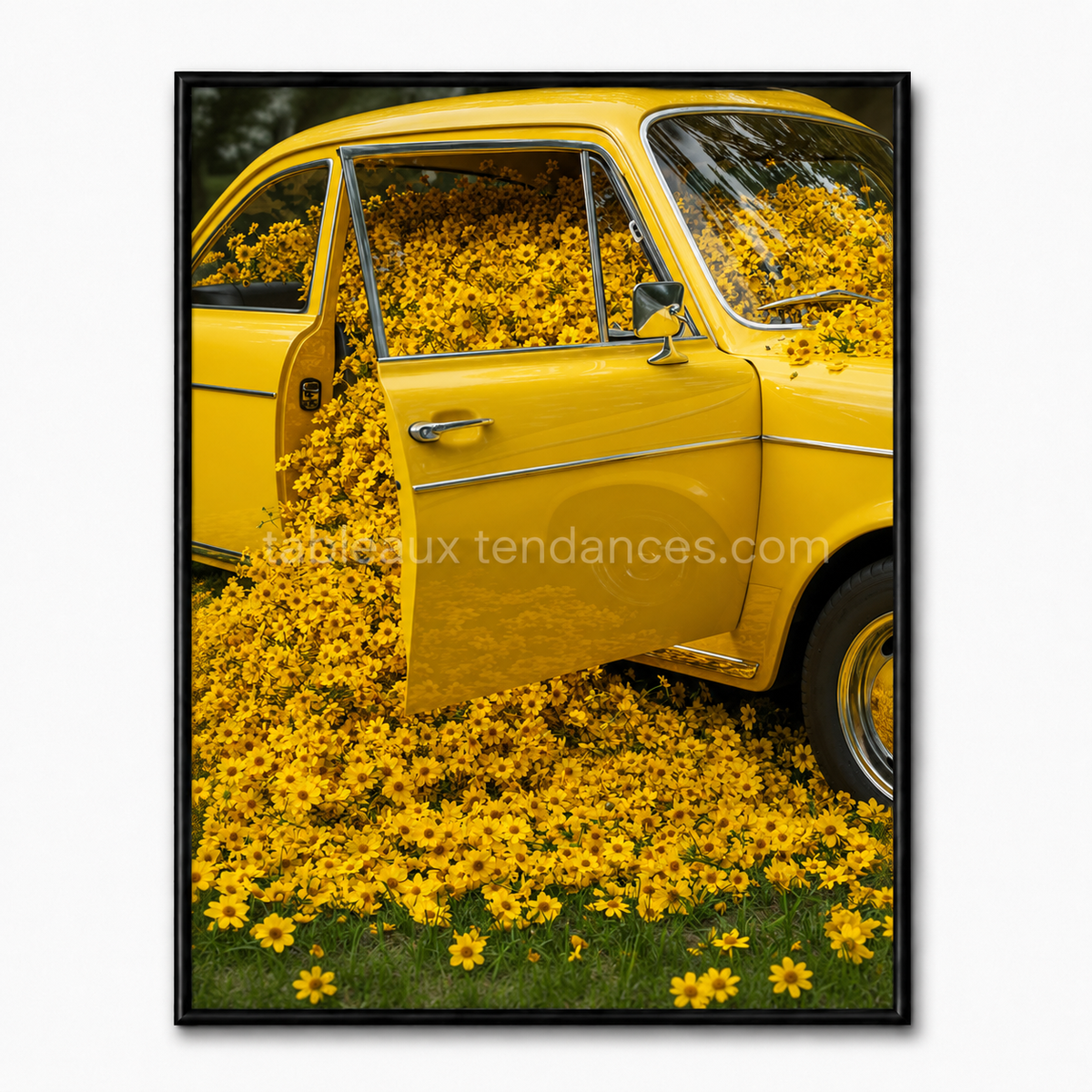 Bloom Ride — voiture rétro jaune couverte de fleurs colorées, tableau mural vintage pop