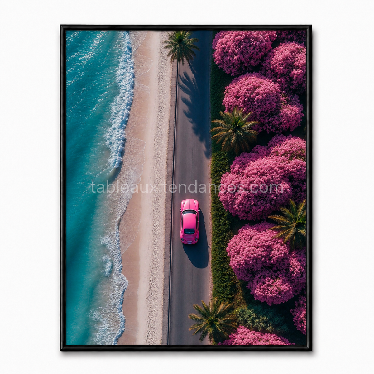 Coastal Pink Drive — voiture rose vue aérienne sur plage tropicale turquoise, tableau mural cadre premium