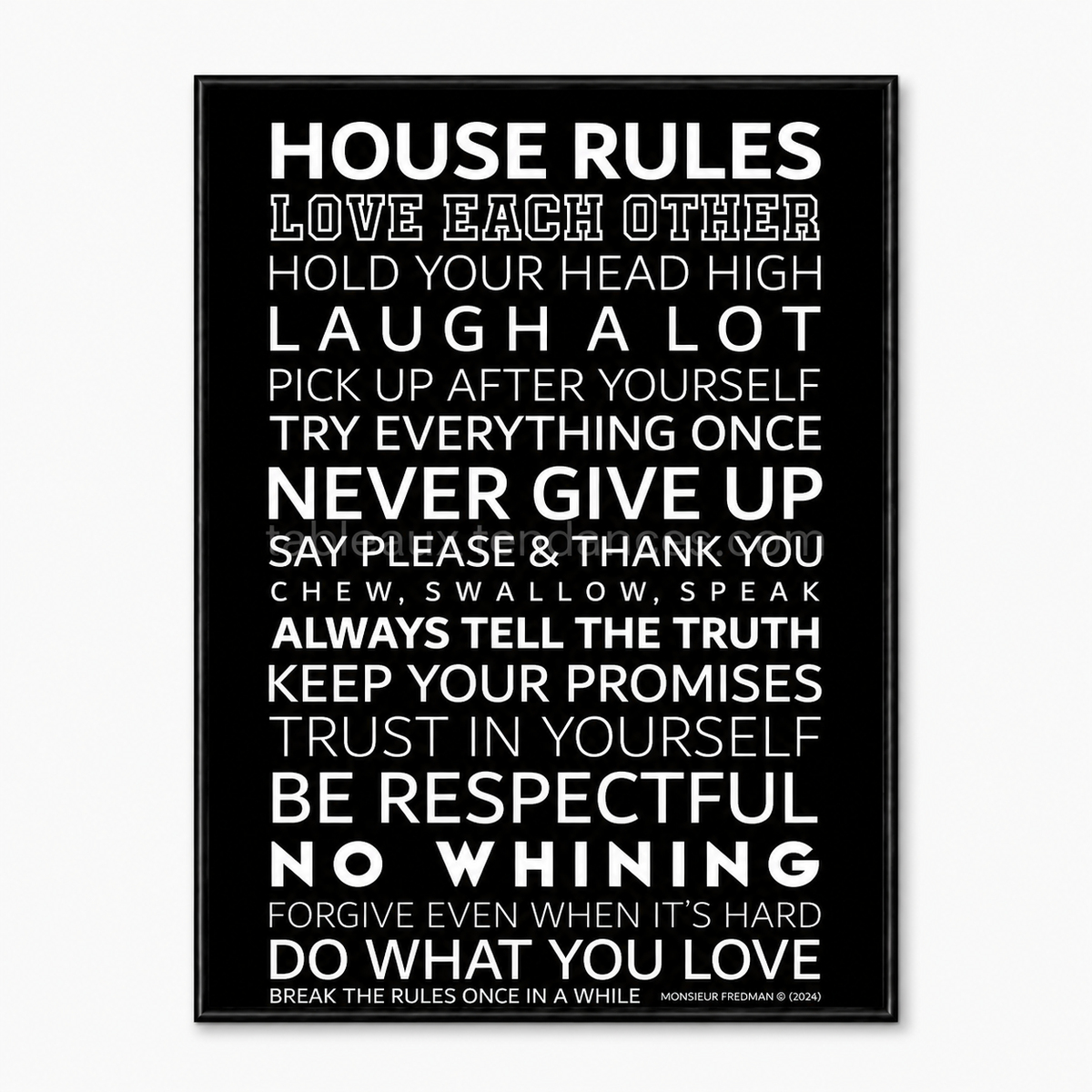 House Rules — affiche typographique noir et blanc, règles de vie familiale, tableau mural minimaliste