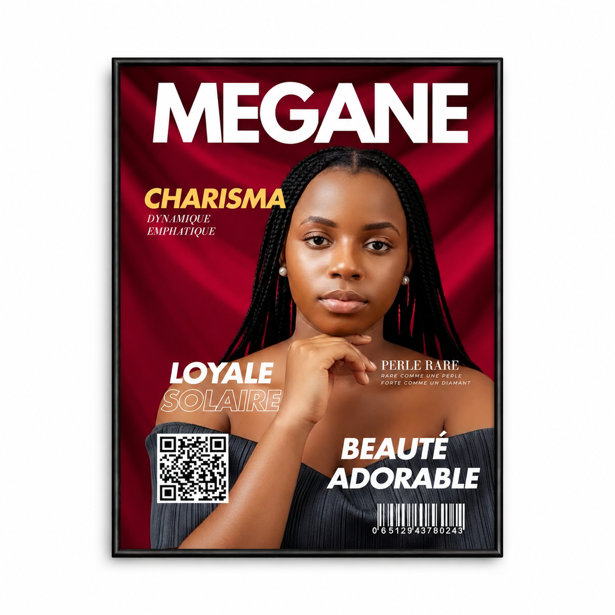 Mégane — portrait magazine personnalisé pour enfant, mise en page couverture éditoriale