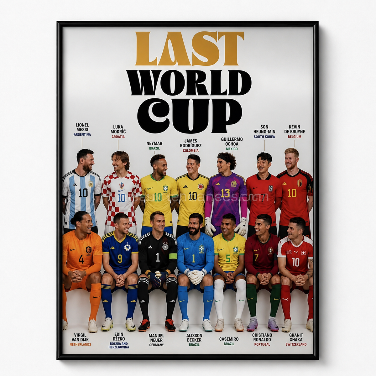 Last World Cup — affiche collective des légendes internationales du football en tenues nationales, tableau mural sport