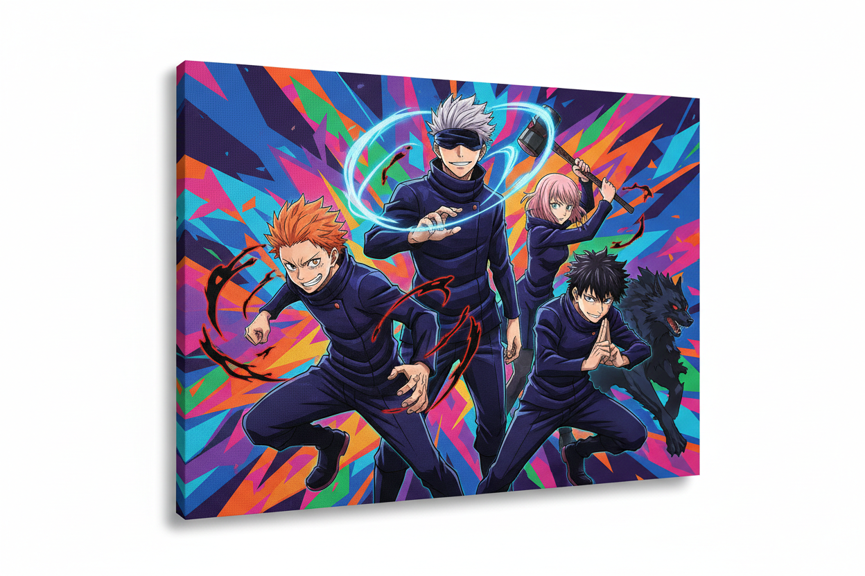 Tableau canvas Jujutsu Kaisen avec Gojo, Itadori, Nobara et Megumi, impression haute définition
