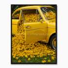 Bloom Ride — voiture rétro jaune couverte de fleurs colorées, tableau mural vintage pop