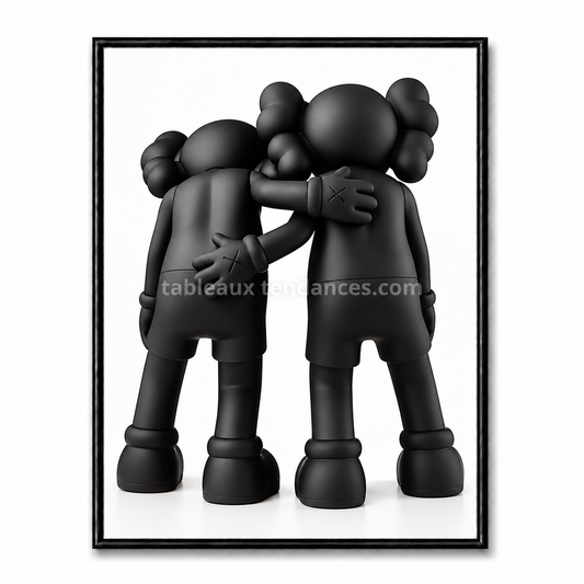 Tableau Kaws noir montrant deux personnages vus de dos avec les bras autour des épaules.