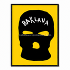 Tableau graphique Masque Solaire, silhouette noire stylisée sur fond jaune vif