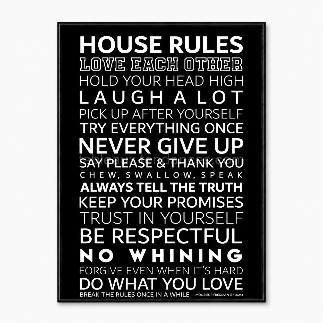 House Rules — affiche typographique noir et blanc, règles de vie familiale, tableau mural minimaliste