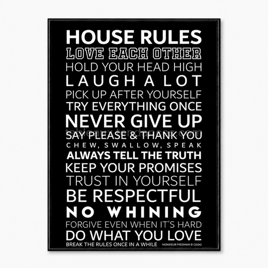 House Rules — affiche typographique noir et blanc, règles de vie familiale, tableau mural minimaliste