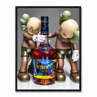 Tableau avec deux personnages Companion autour d’une bouteille de cognac au centre.