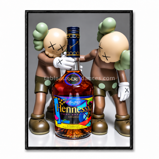 Tableau avec deux personnages Companion autour d’une bouteille de cognac au centre.