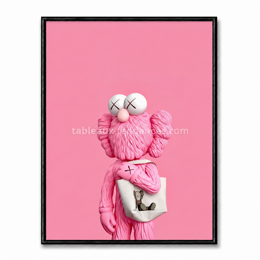 Tableau rose représentant un personnage Companion tenant un cœur contre sa poitrine avec un sac blanc.