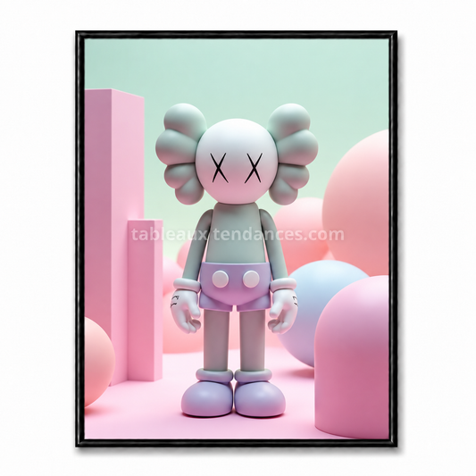 Tableau avec personnage Companion dans un univers géométrique pastel rose, vert menthe et lilas.