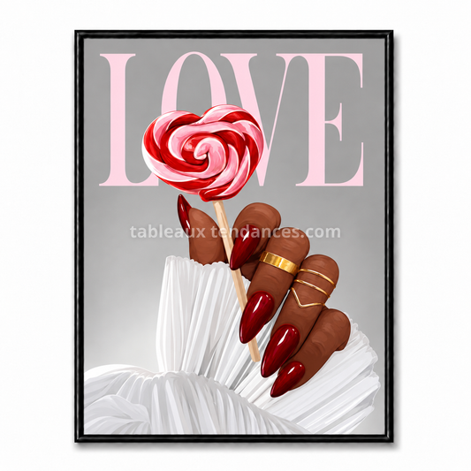 Main féminine avec ongles rouges tenant une sucette cœur devant le mot LOVE