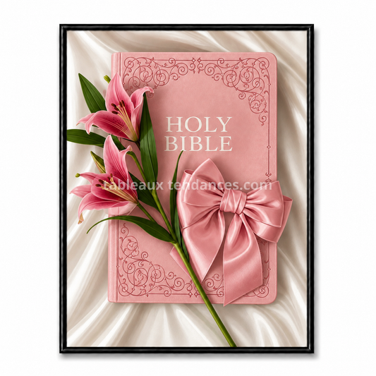 Bible rose avec lys roses et ruban satiné sur tissu clair