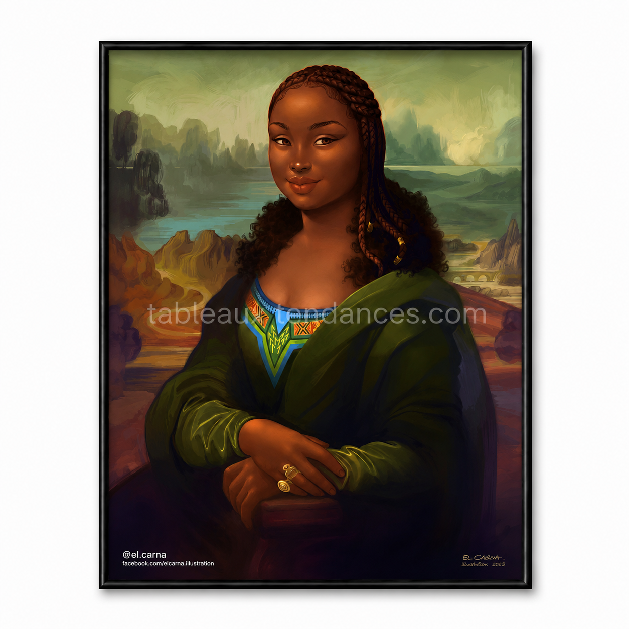 Melanin Lisa — portrait artistique africain, coiffure tressée et détails culturels, tableau mural