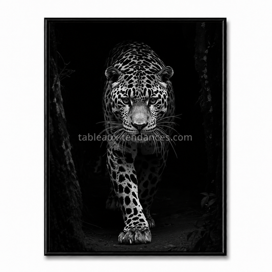 Tableau noir et blanc Fauve Nocturne, jaguar avançant dans une forêt sombre