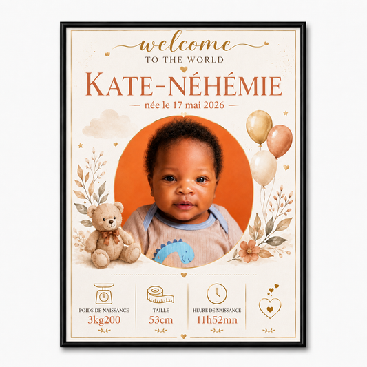 Bienvenue au Monde — affiche de naissance personnalisée avec ourson, fleurs et détails bébé