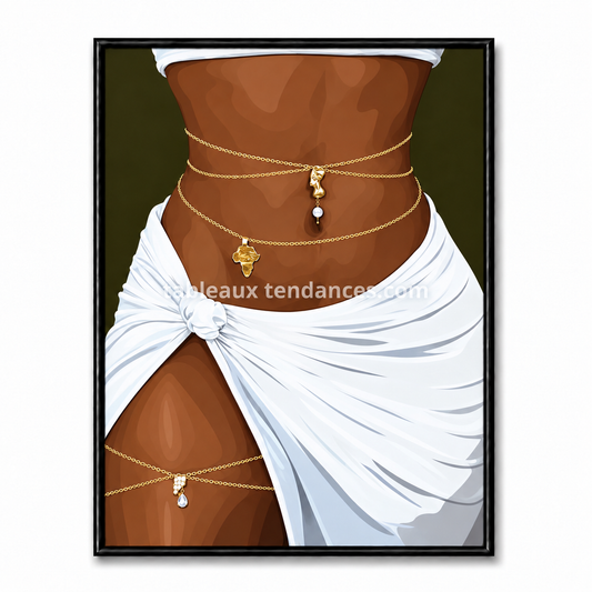 Silhouette féminine avec drapé blanc et chaînes de taille dorées