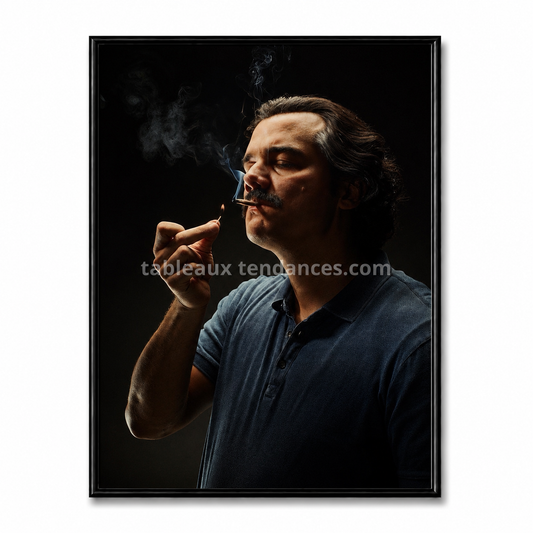 Tableau portrait Éloge du Silence, homme fumant dans une lumière sombre et cinématographique
