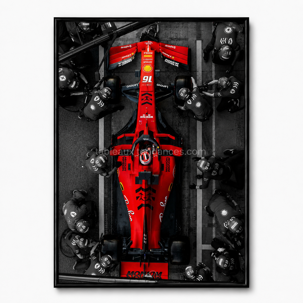 Pit Stop Ferrari — vue aérienne d'un arrêt aux stands en Formule 1, monoplace rouge, tableau mural sport automobile