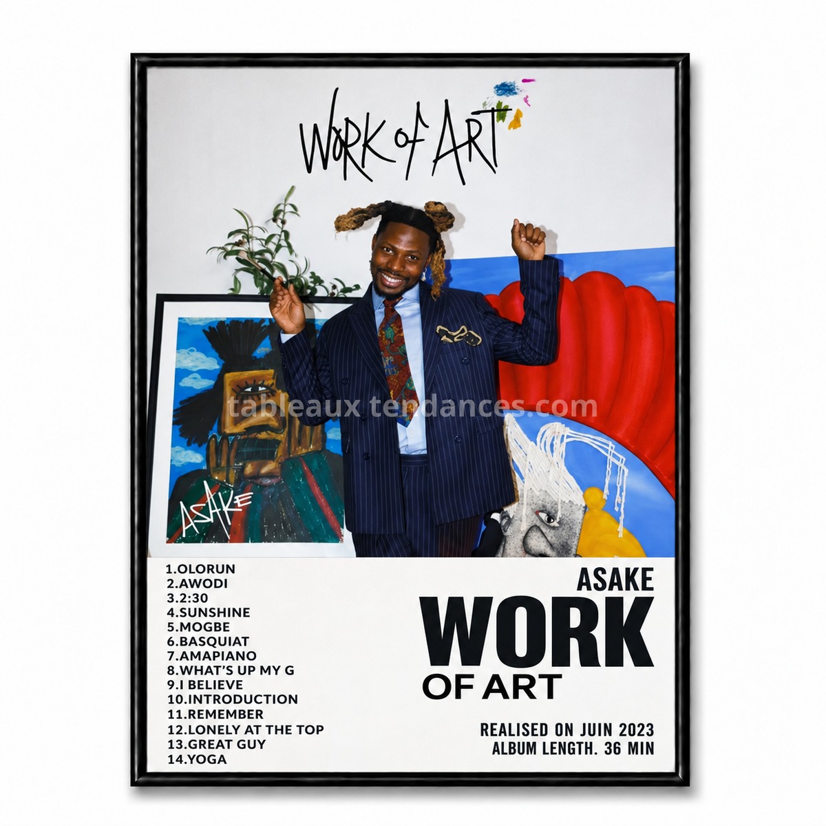 Tableau musical encadré Work of Art de Asake avec visuel coloré et tracklist.