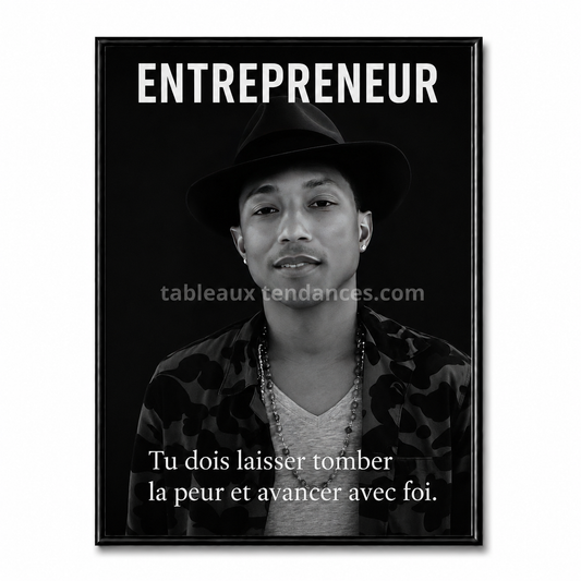 Tableau noir et blanc Élan Libre, portrait d’une personne coiffée d’un chapeau avec message de confiance