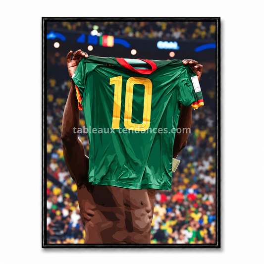 Tableau Lions Indomptables avec maillot vert du Cameroun numéro 10 dans un stade