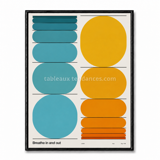Tableau abstrait géométrique Breathe In and Out bleu jaune orange