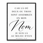 Tableau chrétien minimaliste avec citation française de Matthieu 18:20 en typographie noire sur fond blanc.