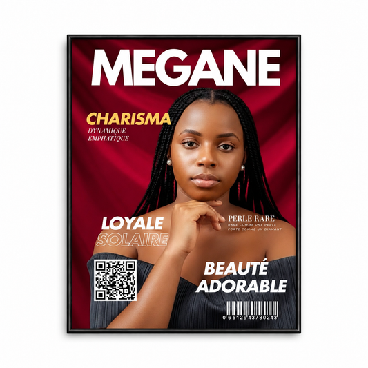Mégane — portrait magazine personnalisé pour enfant, mise en page couverture éditoriale
