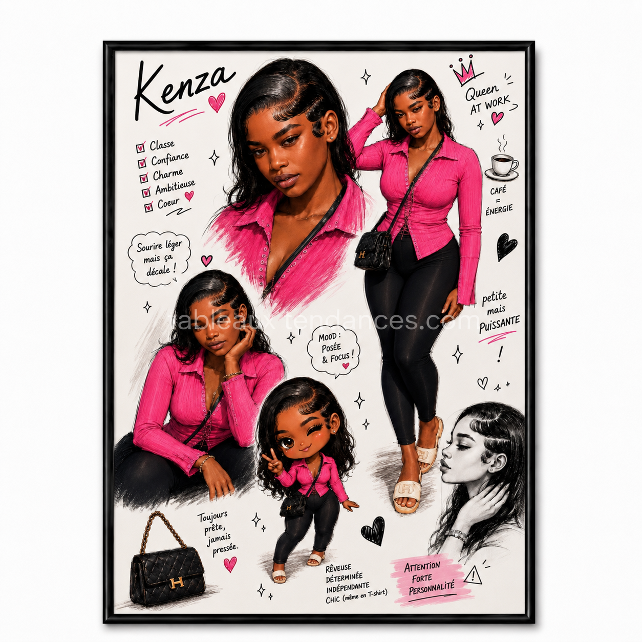 Kenza — Queen at Work, portrait personnalisé style carnet de mode, tons rose noir et blanc