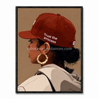 Portrait féminin stylisé avec casquette rouge et texte Trust the process