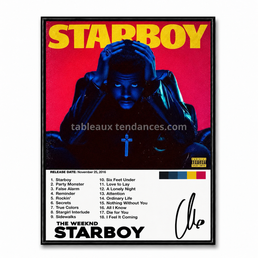 Tableau musical encadré Starboy de The Weeknd avec tracklist et palette rouge et bleue.