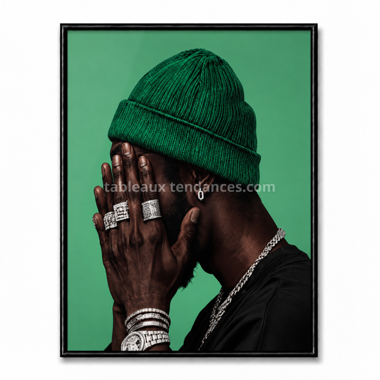 Tableau Green Prayer – portrait urbain contemporain sur fond vert