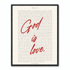 Tableau chrétien avec texte biblique 1 John 4:1-21 et inscription rouge God is love.