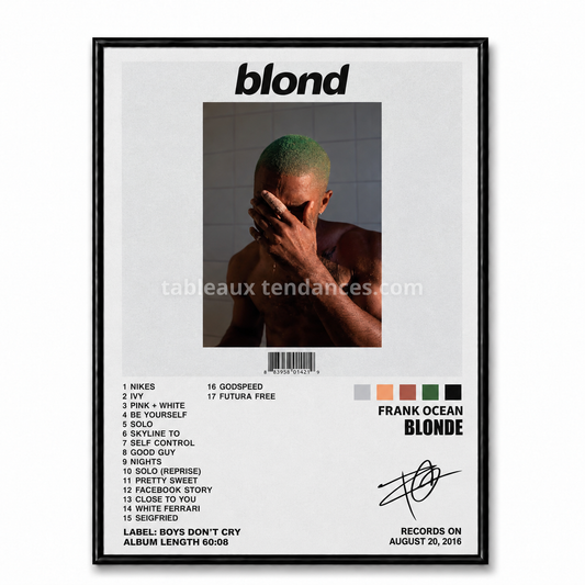 Tableau musical encadré Blonde de Frank Ocean avec visuel minimaliste et tracklist.