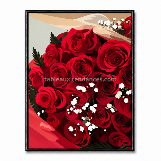 Bouquet stylisé de roses rouges avec petites fleurs blanches