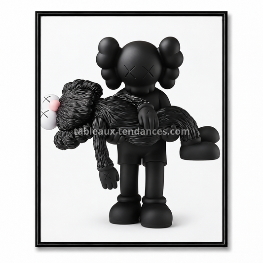 Tableau Kaws noir montrant un personnage portant un Companion texturé noir dans ses bras.