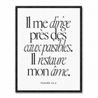 Tableau chrétien typographique avec le texte Il me dirige près des eaux paisibles, il restaure mon âme, inspiré du Psaume 23.