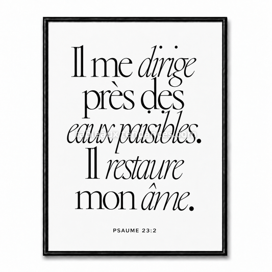 Tableau chrétien typographique avec le texte Il me dirige près des eaux paisibles, il restaure mon âme, inspiré du Psaume 23.