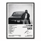 Tableau musical encadré GNX de Kendrick Lamar avec visuel noir et blanc et tracklist.