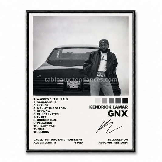 Tableau musical encadré GNX de Kendrick Lamar avec visuel noir et blanc et tracklist.