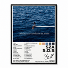 Tableau musical encadré S.O.S de SZA avec visuel océan bleu et tracklist.