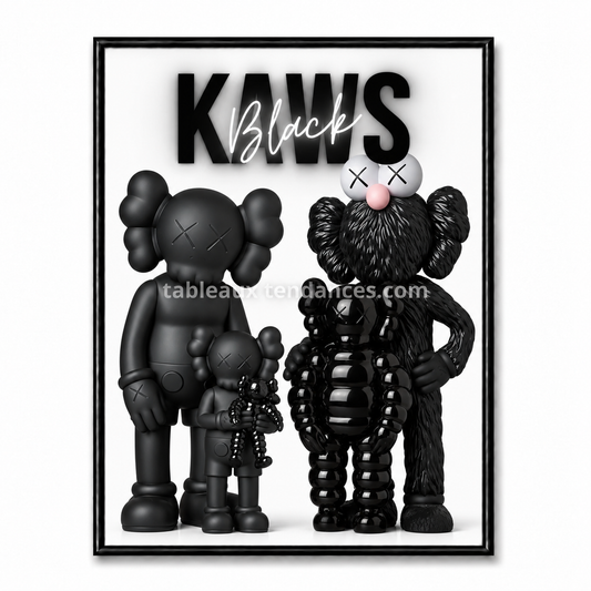 Tableau Kaws noir avec composition de plusieurs personnages noirs et inscription KAWS Black.