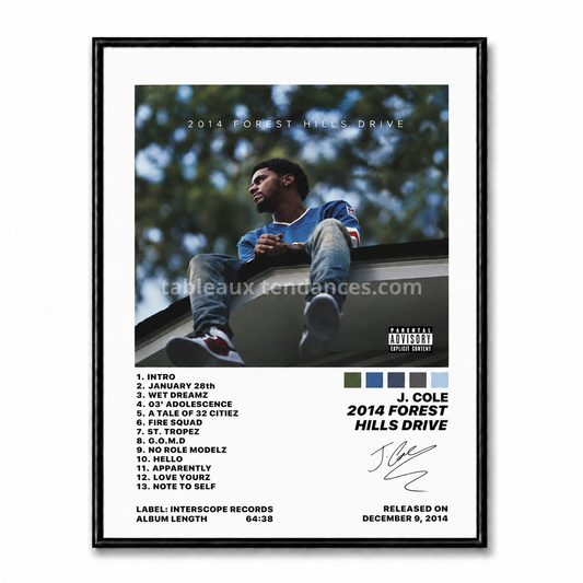 Tableau musical encadré 2014 Forest Hills Drive de J. Cole avec tracklist et palette naturelle.