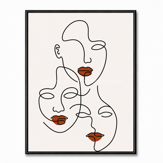 Tableau line art Trois Regards avec lèvres terracotta