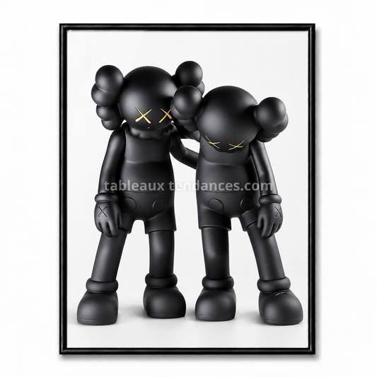 Tableau Kaws noir avec deux personnages côte à côte vus de face, l’un soutenant l’autre.