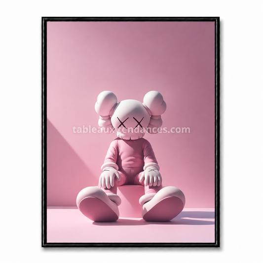 Tableau minimaliste rose représentant un personnage Companion assis dans un décor monochrome.