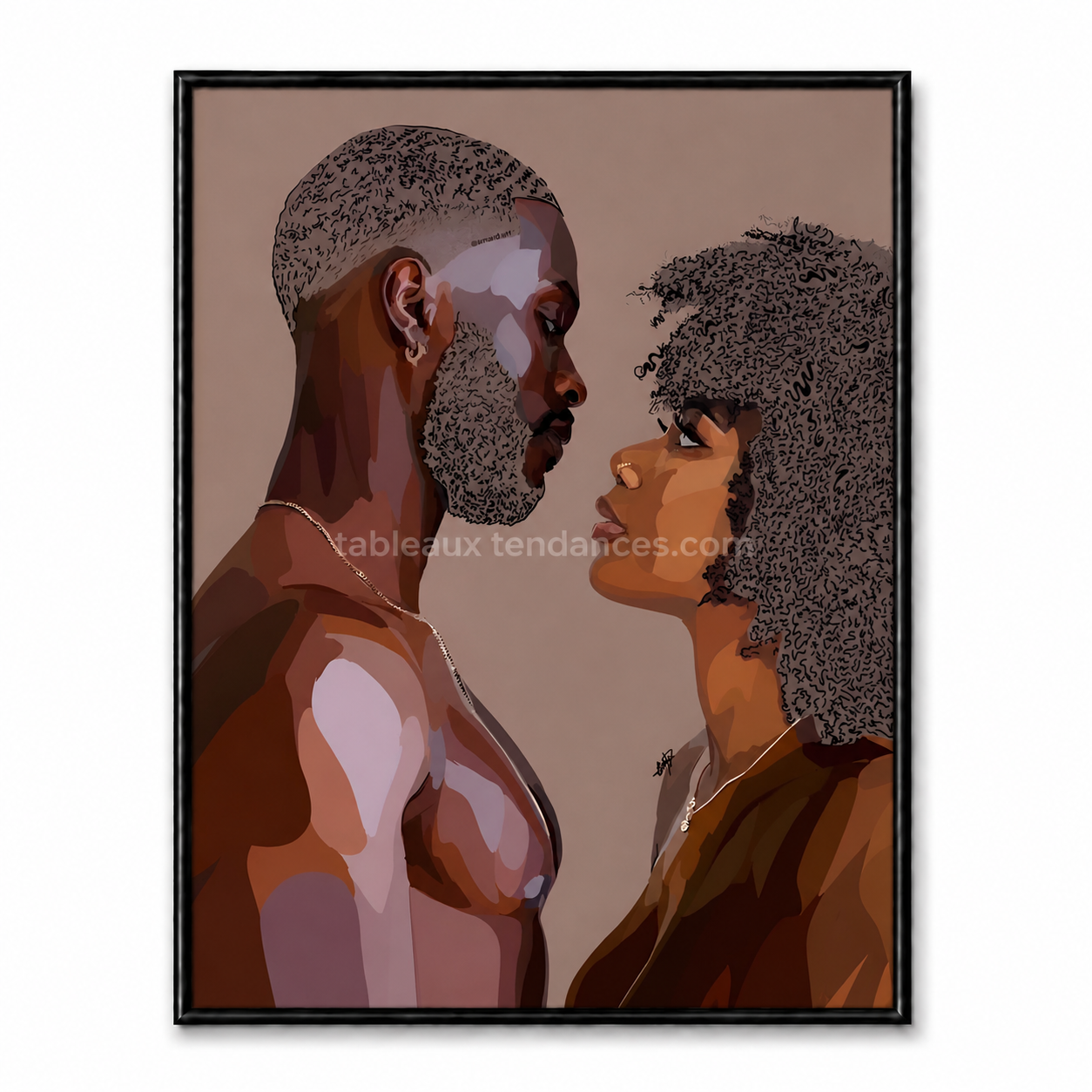 Face To Face — couple uni par un regard intense, tons bruns et beiges, tableau mural romantique