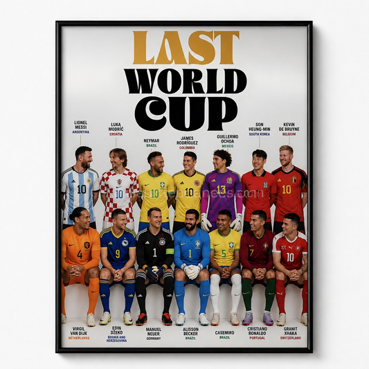 Last World Cup — affiche collective des légendes internationales du football en tenues nationales, tableau mural sport