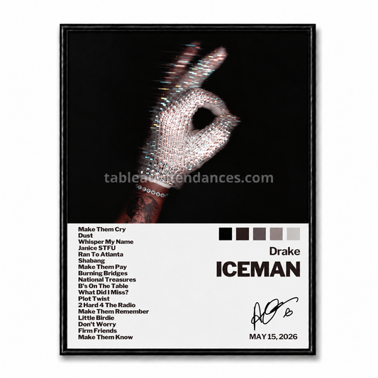 Tableau musical encadré Iceman de Drake avec fond noir, main scintillante et tracklist.